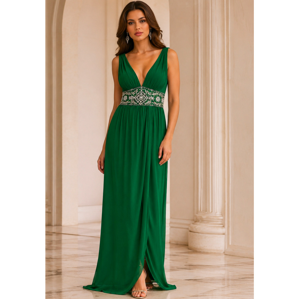 Mandalay Green Silk Beaded Empire Waist Maxi Dress Size 12